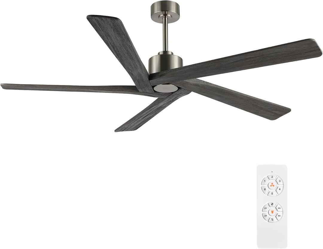 WINGBO 72 Inch DC Ceiling Fan No Light with 3 Downrods, 5 Reversible Carved Solid Wood Blades, 6-Speed Noiseless DC Motor, Large Ceiling Fan without Lights in Brushed Nickel Finish with Gray Blades (Nickel and Gray)