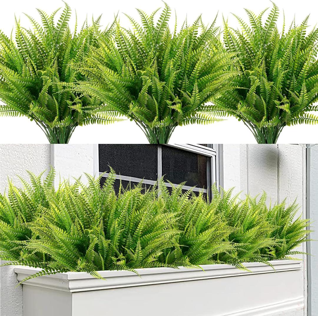 Sggvecsy 12 Bundles Artificial Boston Fern Plants Fake Boston Ferns Bushes Artificial Shrubs Outdoor Greenery UV Resistant Plants Faux Plastic Plants for Home Garden Indoor Outdoor Decor(Green)