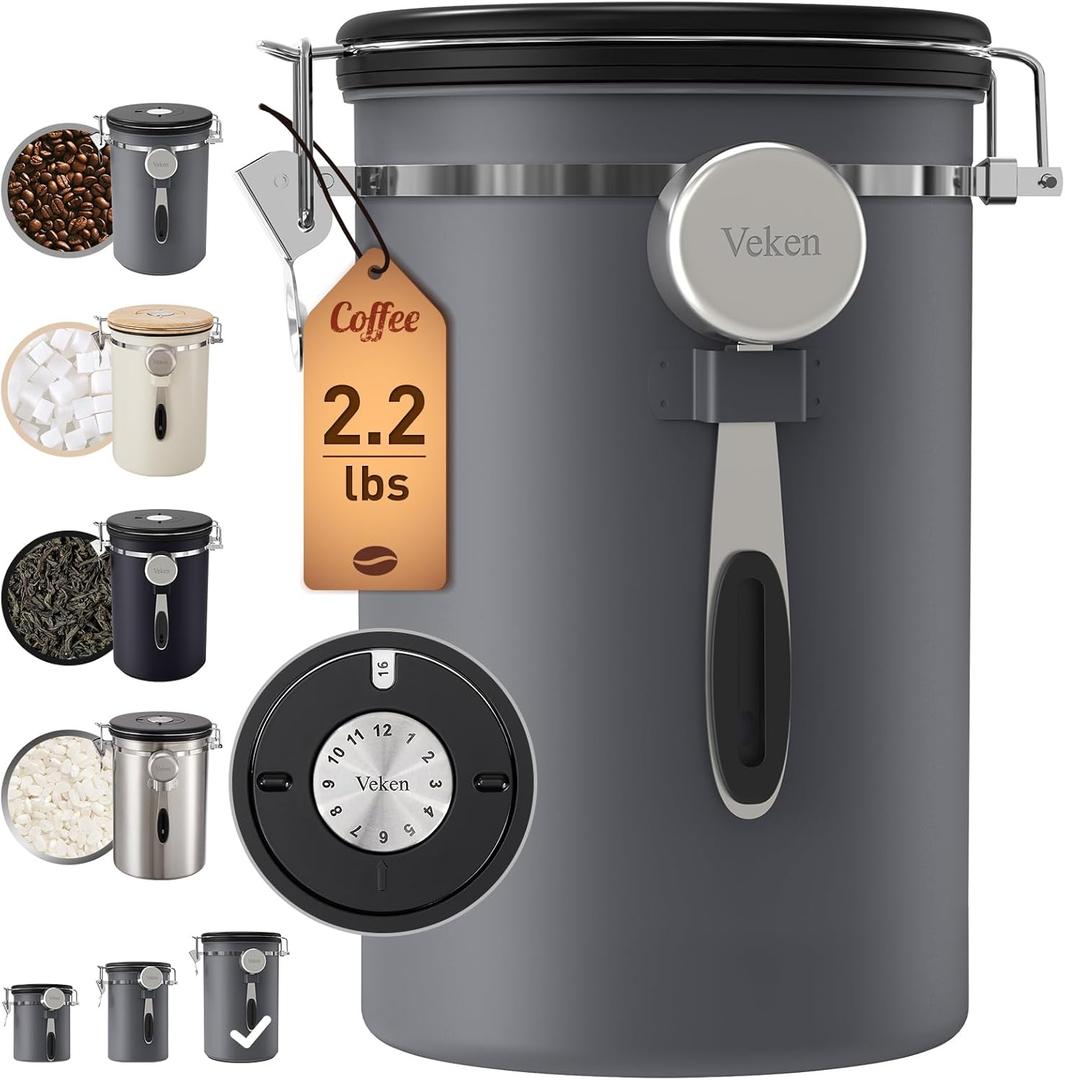 Veken Coffee Canister, Large Airtight Stainless Steel Food Storage Container for 2.2lbs Coffee Beans, Ground, Sugar, Tea, Flour, Cereal, Kitchen Bar Accessories with Date Tracker & Scoop,39OZ,Gray