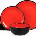 TP 12-Piece Dinnerware Set, Melamine Dishes Set with Bowls and Plates, Non-breakable and Lightweight Dinner Service for 4, Glossy Black and Red