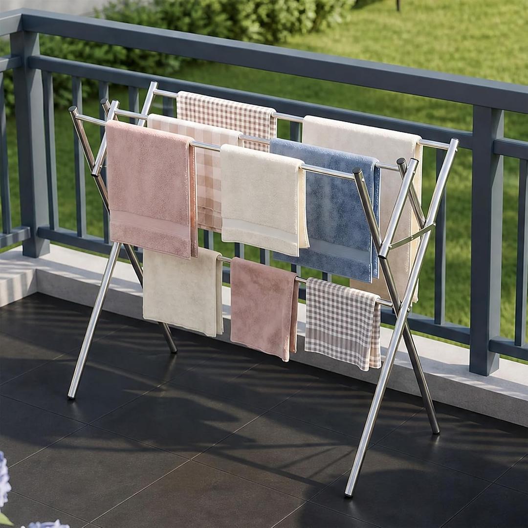 Small Drying Rack for Clothes, Compact 4 Drying Poles Foldable Laundry Rack, Stainless Steel Portable Clothes Airer for Towels, Baby Clothes, Bibs & Swimsuits, for Balcony & Laundry Room Use, Silver