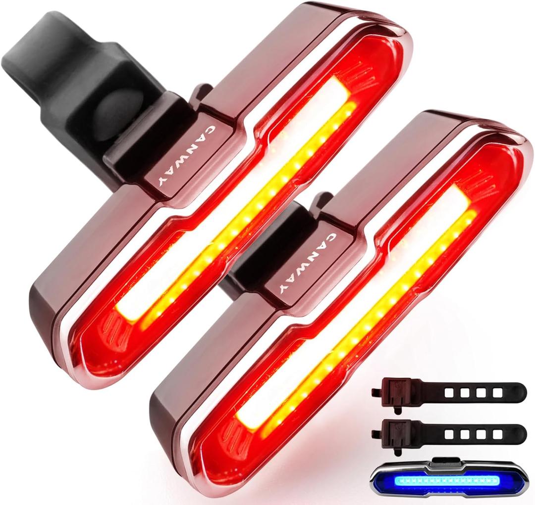 Canway Bicycle Rear Light Red/Blue, Bike Tail Light Rechargeable 168 Lumens Bike Tail Light Battery USB C 500mah 5 Modes Waterproof Safety for Road Mountain Night Riding