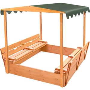 Badger Basket Cedar Sandbox for Kids with Canopy & Benches - Outdoor Convertible Wooden Sandbox with Lid, UV Shade & Built-In Seating - Backyard Playset (46.5 x 46.5 x 57)