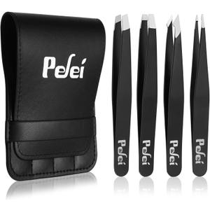 Pefei Tweezers Set - Professional Stainless Steel Tweezers for Eyebrows - Great Precision for Facial Hair, Splinter and Ingrown Hair Removal (Black)