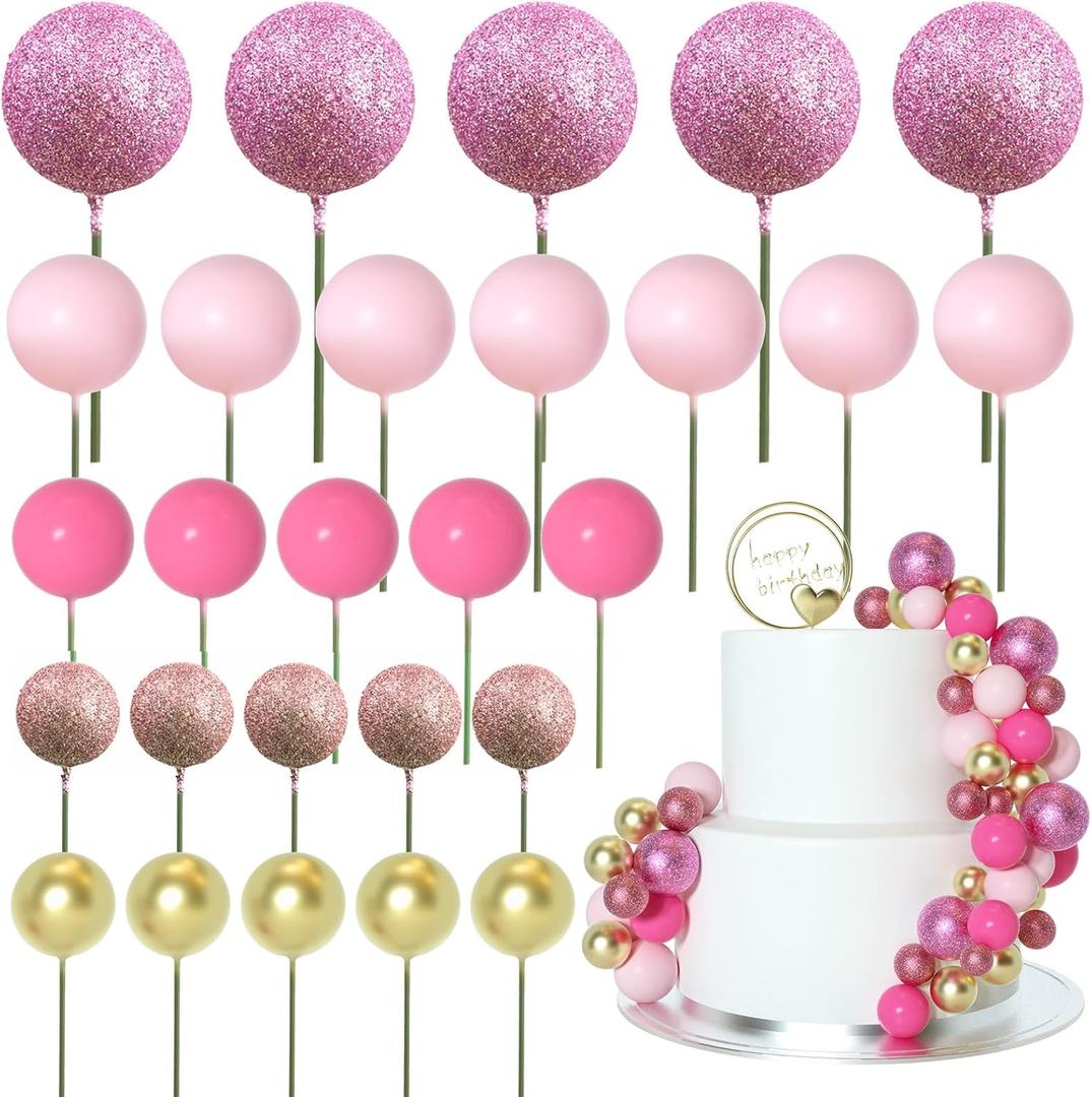 ASTARON 50 Pcs Ball Cake Topper Sticks Mini Balloons for Cake Decorating Supplies Foam Balls Cake decorations for Baby Shower Cake Birthday Cake Toppers Decorations (Pink Series)
