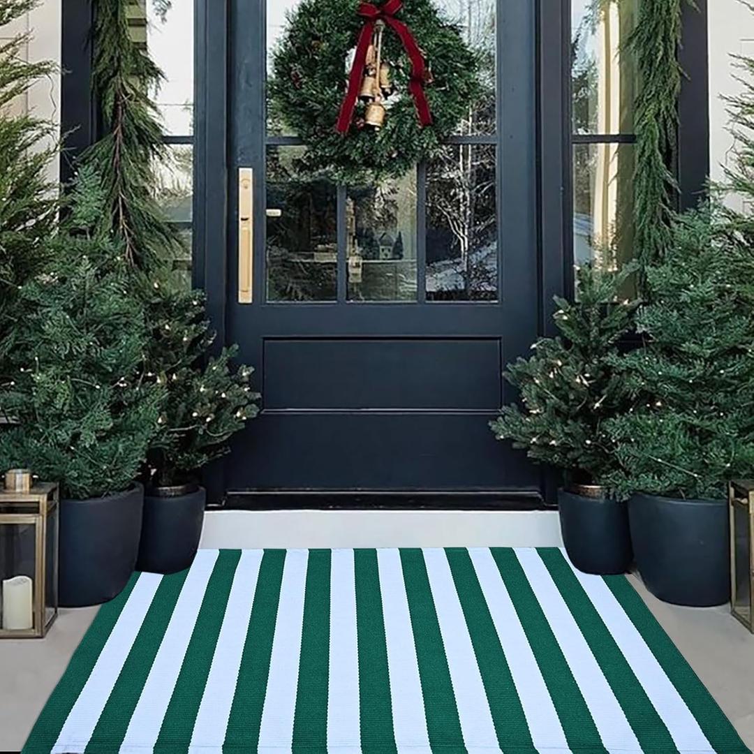Green and White Striped Outdoor Rug 27.5'' x 43'' Spring Doormat Layered Welcome Mat for Farmhouse Spring Front Porch Entryway Decor