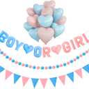 Gender Reveal Banner Set with Pre-Strung 3D Boy or Girl Felt Banner, Pom Pom Garland, Triangle Fabric Bunting, 12 PCS Pink Blue Heart Shaped Balloons, Baby Shower Decorations for Girls Boys Twins