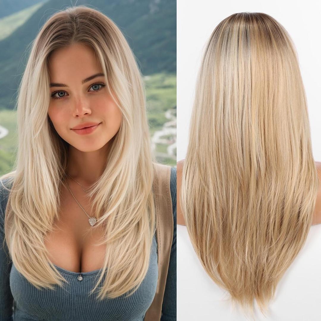 testar Ombre Blonde 136 Lace Front Wig for Women HD Transparent Lace Wig 22 Inch Straight Hair Natural Layered Glueless Synthetic Wigs for Daily Use(Ombre Blonde) (Dark Roots With Blonde)