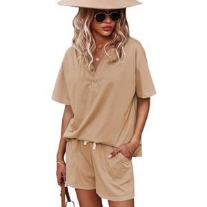 CORSKI Women's Short Sleeve Sweatsuit Sets Lounge 2 Piece V Neck Tracksuit Casual Loose Fit Outfits M