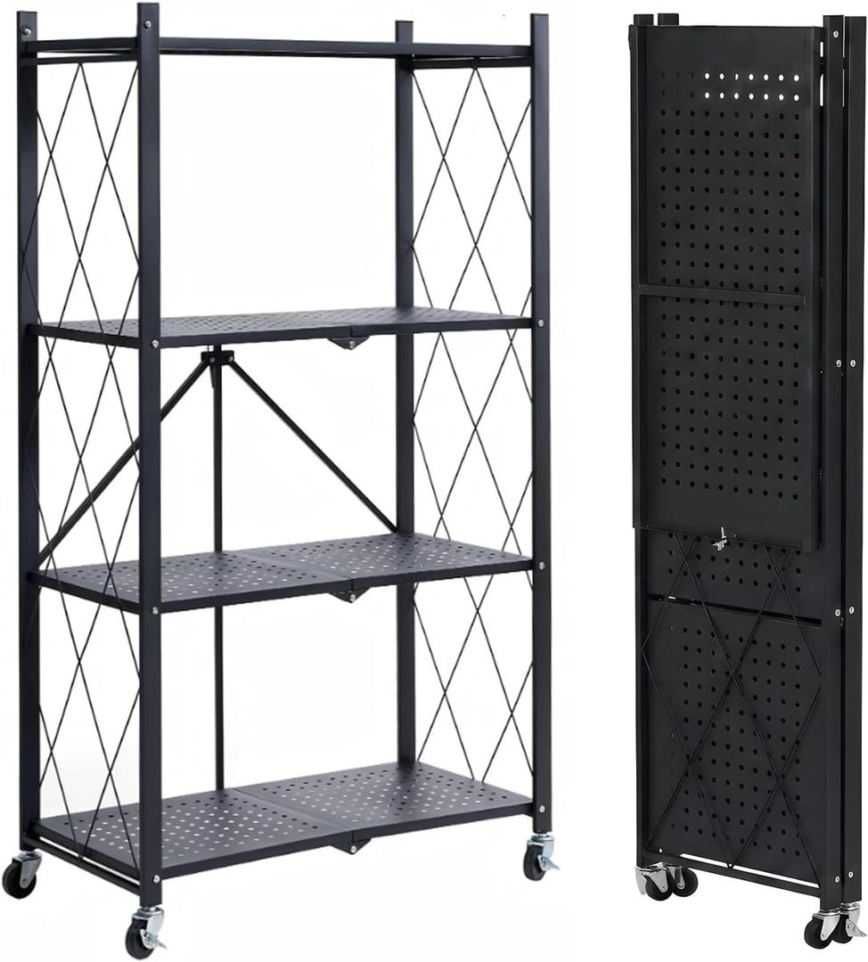 4 Tier Foldable Storage Shelf, Large Capacity Metal Shelf Rack, Rolling Bookshelf with Wheels, Wire Shelf Organizer for Kitchen, Pantry, Office, Garage, Basement, Black