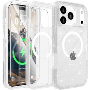 Compatible with iPhone 17 Pro Case with Screen Protector, Shockproof, Compatible with MagSafe, 3-Layer Drop Protection, Heavy Duty Magnetic Phone Case Cover, 6.3", Clear Glitter