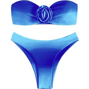 BEAUDRM Women's 2 Piece Striped 3D Flower Bandeau Bikini Triangle Set Backless Tube High Cut Swimsuit Bathing Suit Royal Blue Medium