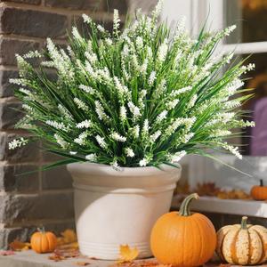 Artificial Fake Outdoor Plants Flowers for Summer Decoration, 10 Bundles Faux Plastic Tall Monkey Grass Greenery UV Resistant Realistic for Home Outside Planter Window Porch Patio Garden-White