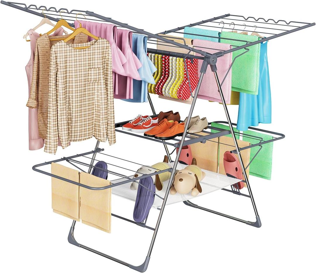 Clothes Drying Rack, Foldable 2-Level Laundry Racks for Drying Clothes Rack,Stainless Steel Drying Rack Clothing Collapsible for Indoor Outdoor,with Height-Adjustable Wings,33 Drying Rails,Gray (Large)
