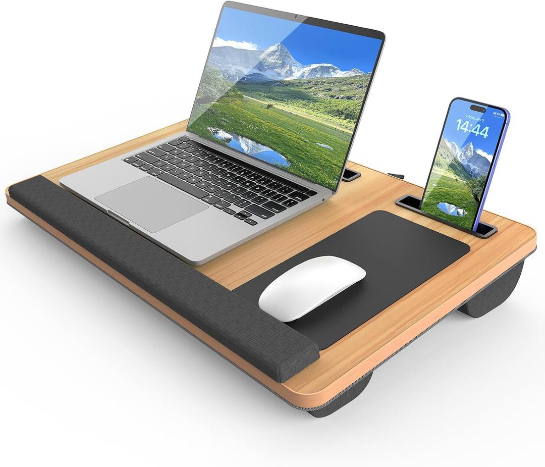 HETTHI Laptop Lap Desk, Portable Large Laptop Desk for Bed, Up to 17 in Lap Table with Wrist Rest, Mouse Pad, Tablet Phone Slot, Portable Handle, Cushion (Light Brown)