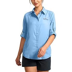 Womens Sun Protection Fishing Shirt with Zipper Pockets Lightweight SPF Long Sleeve Shirts for Hiking Safari Bright Blue XL