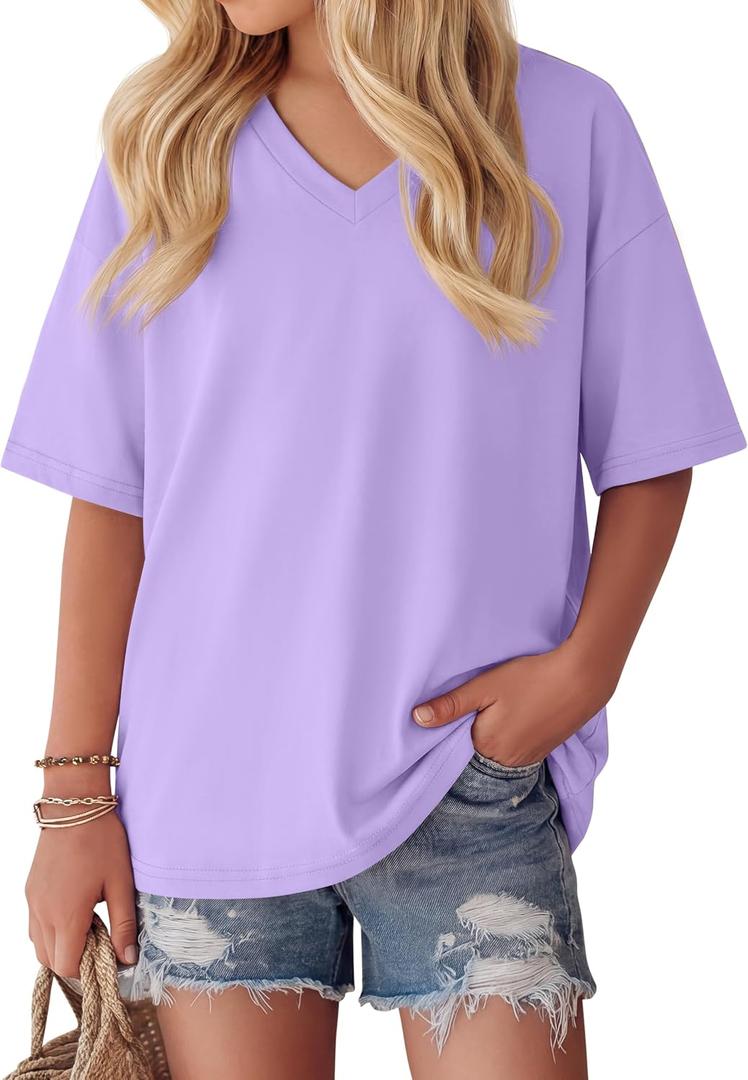 Oakgarden Girls' Shirts 5-14 Years Oversized Short Sleeve Summer T-Shirts V Neck Drop Shoulder Top Kids Casual Basic Cute Tee (Purple)