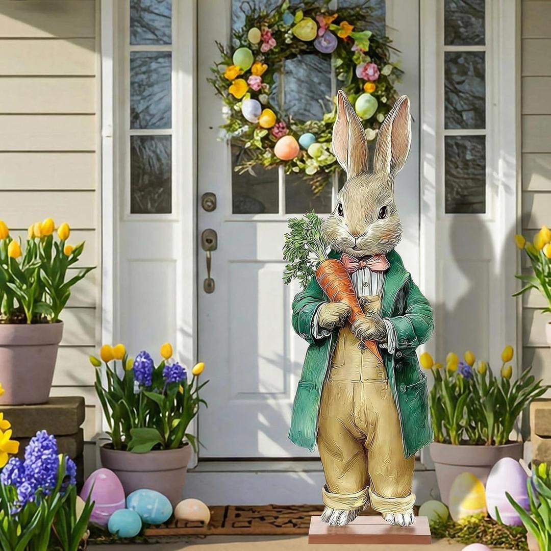 Novabright Easter Bunny Porch Decor Standing 3 ft Wooden Rabbit Yard Sign Vertical Farmhouse Rabbit for Front Door Garden Farmhouse Spring Outdoor Indoor Easter Decoration(Male Bunny)