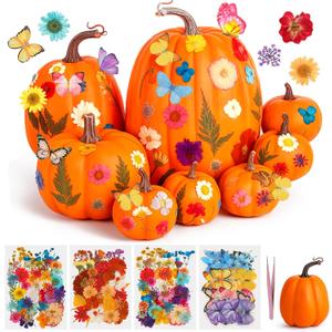 8 Pcs Artificial Pumpkins Fall Decor with 150 Pcs Dried Flower Butterfly Stickers & 1 Handy Tweezer DIY Craft Pumpkin for Thanksgiving Table Centerpiece Mantel Shelf (Orange)