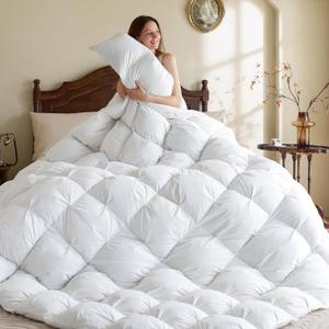 KAKABELL Pinch Pleat Goose Down Feathers Fiber Comforter King Size All Season-Ultra Soft and Cozy Noiseless Duvet Insert with Egyptian Cotton Blend Cover,Fluffy Warm Comforter Insert(White,90"X106")