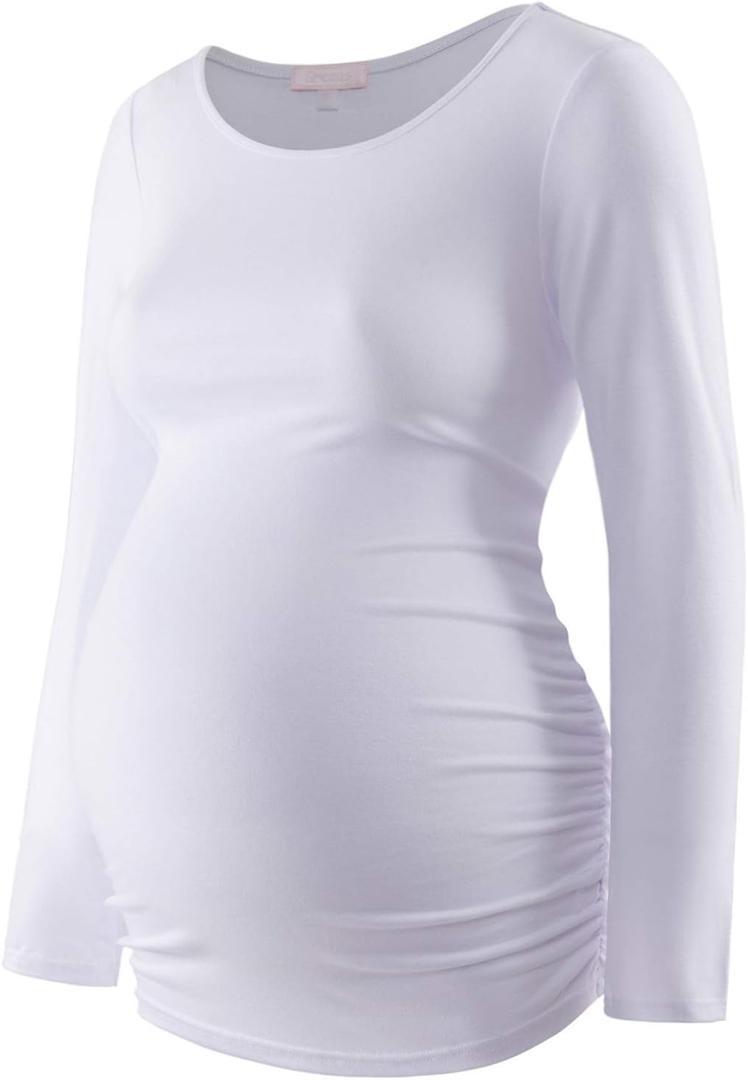 Maternity Shirt Long Sleeve Basic Top Ruch Sides Bodycon Tshirt for Pregnant Women (Medium, White)