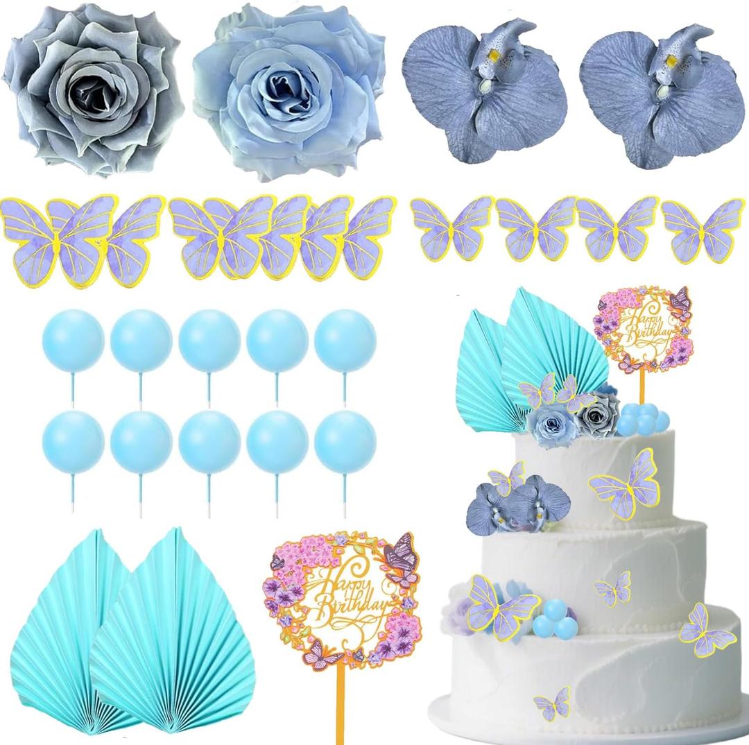 27PCS Flower Cake Toppers Butterfly Cake Decorations Happy Birthday Cake Toppers with Artificial Pink Rose Flowers Eucalyptus Butterflies for Girls Birthday Party Wedding Baby Shower Supplies (Blue)