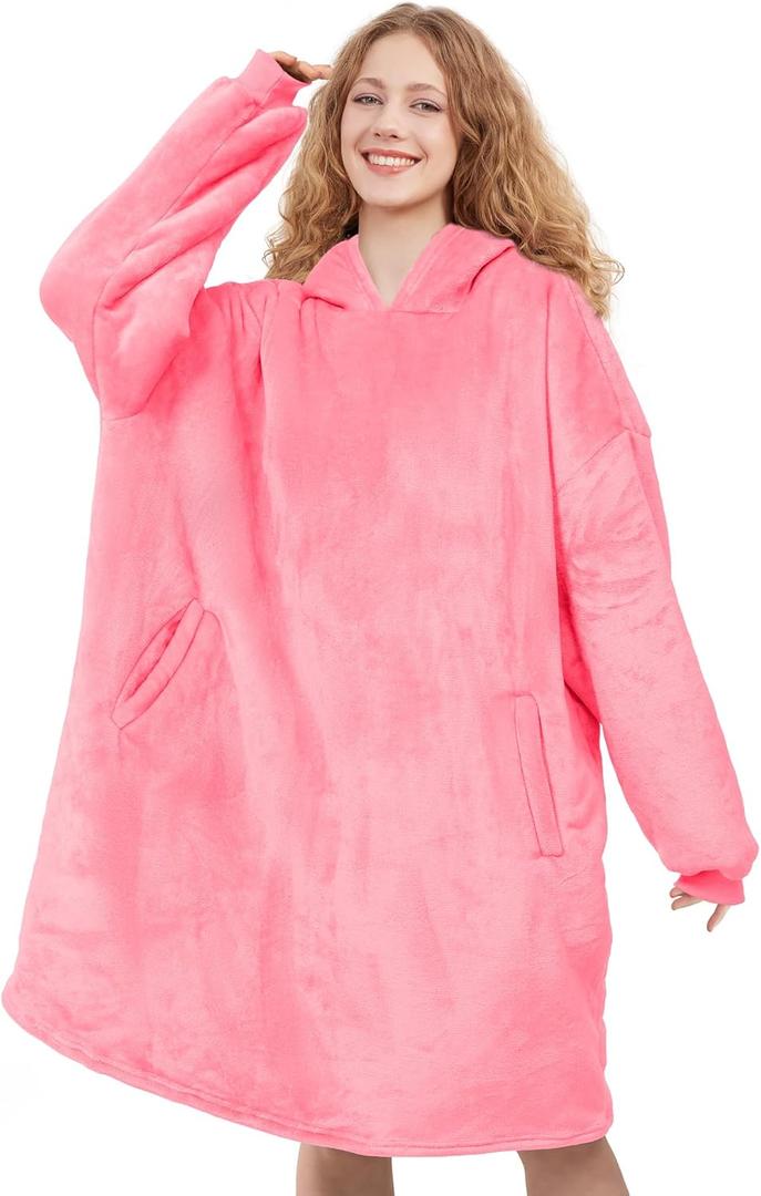 AmyHomie Wearable Blanket Hoodie for Adults & Teens,Oversized Sherpa Hooded Blanket,Warm Cozy Blanket Sweatshirt as Christmas Birthday Gifts for Women Men (Pink)
