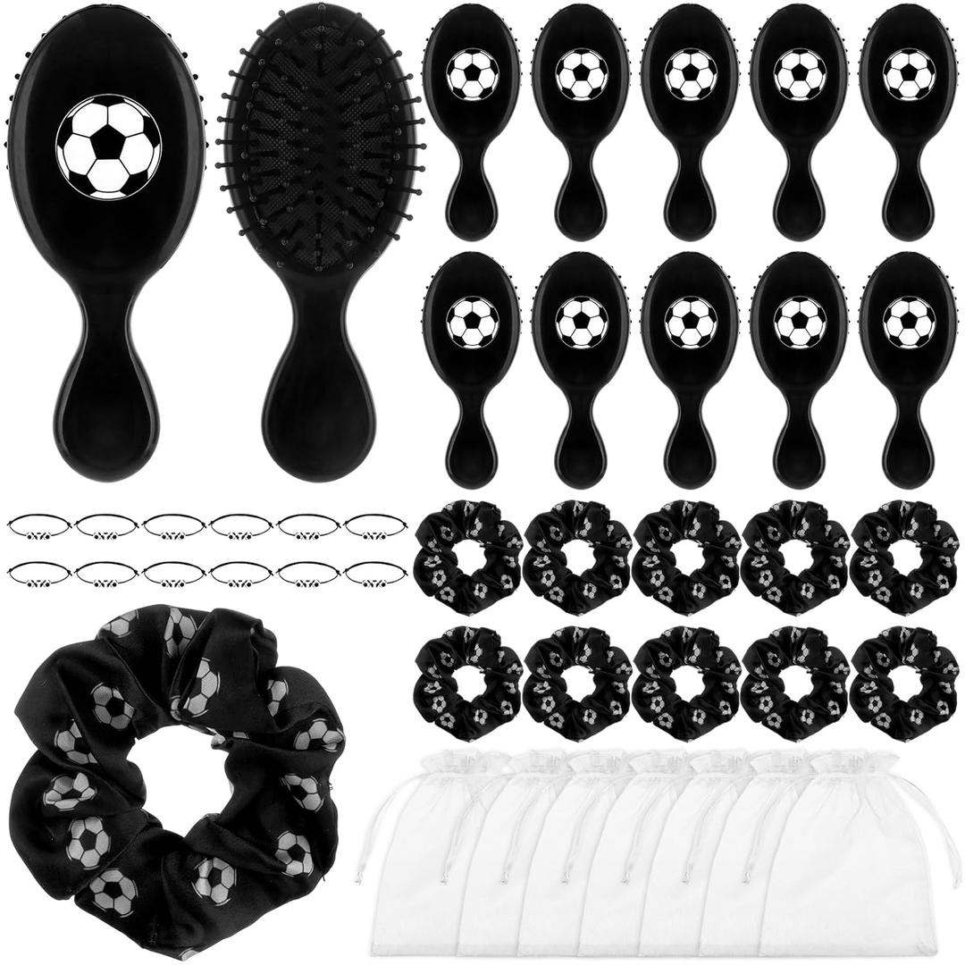 12 Sets Soccer Hair Ties&Hair Brushes&Bracelets&Organza Bags Mini Detangler Brushes Soccer Scrunchies Bracelets with Soccers Pendant Soccer Team Gifts Bulk for Cheerleader Team Coaches