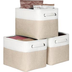 Kntiwiwo Foldable Storage Bin Collapsible Fabric Storage Basket Cube with Durable Handles Closet Organizer Bins for Organizing Shelves Drawers, Set of 3, 12" x 10" x 9.5", Beige