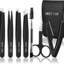 7pcs Eyebrow Tweezers Kit for Women Precision Plucker with Brow Scissors & Razor & Spoolie for Facial, Chin, Brow, Splinter and Ingrown Hair (Black)