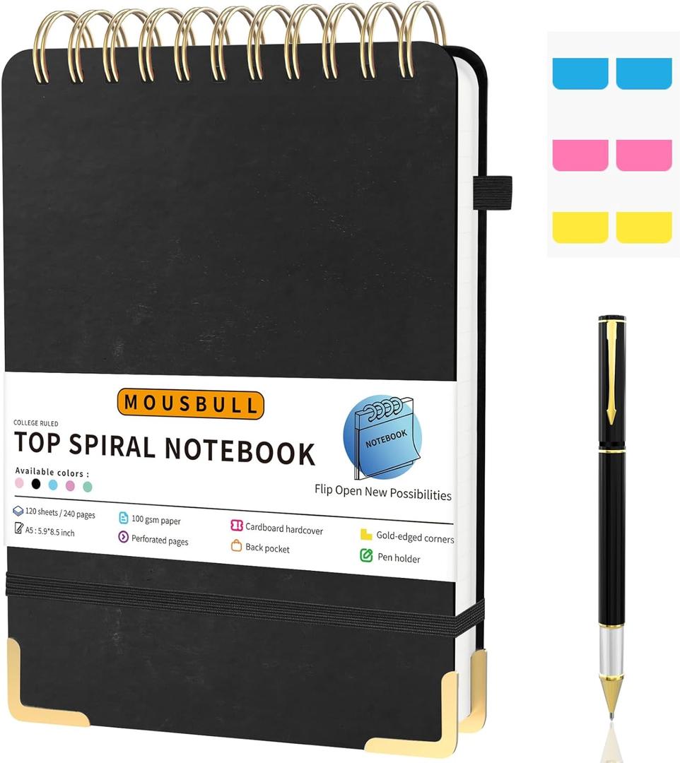 Top Spiral Notebook, A5 Hardcover Top Bound Steno Pads, 240 Pages 100gsm College Ruled Left Handed Notebook Journal for Work, School, Meeting Writing - Black, 5.9" x 8.5"