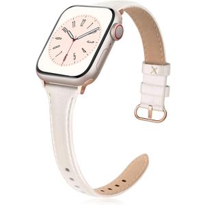 Slim Leather Band Compatible for Apple Watch 38mm 40mm 41mm 42mm Series 10, Slim Thin Elegant Top Grain Genuine Leather Strap Compatible for iWatch Series 10 9 8 7 6 5 4 3 2 1 SE Women (Startlight)