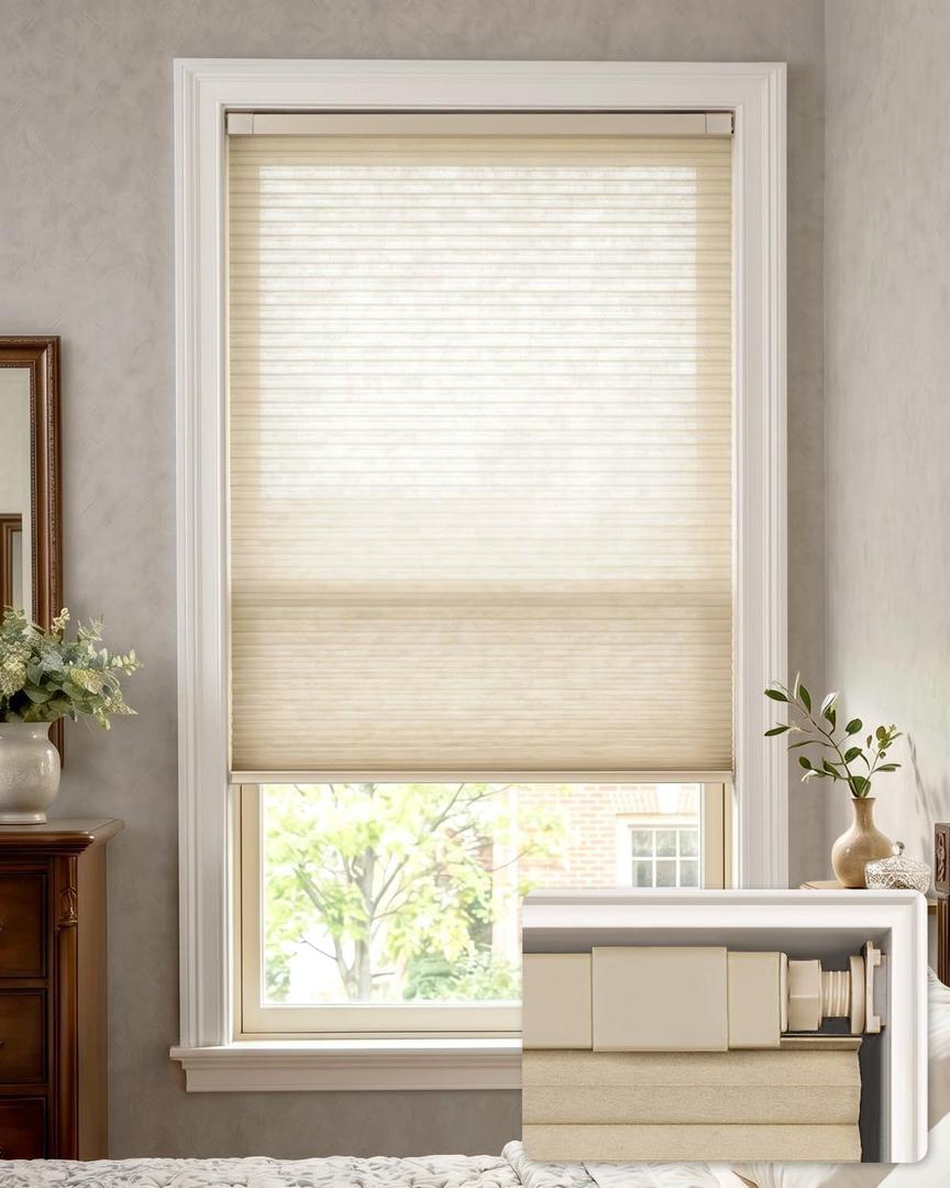 LazBlinds No Drill Light Filtering Cellular Shades, 24" W x 48" H, Beige