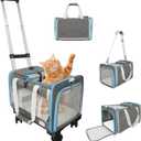 Pet Carrier with Wheels Up to 25 lbs Airline Approved Dog Carrier Rolling Pet Carrier w/Removable Wheels & Washable Plush Mat Pet Travel Carrier with Telescopic Handle & Shoulder Strap (Blue)