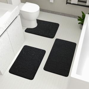YIHOUSE Bathroom Rugs Sets 3 Piece, Cobblestone Memory Foam Bathroom Mats Set Extra Thick, Non Slip Bath Mats for Bathroom, Water Absorbent, Washable Black Bath Rugs for Tub, Toilet and Floor (3 Pieces)