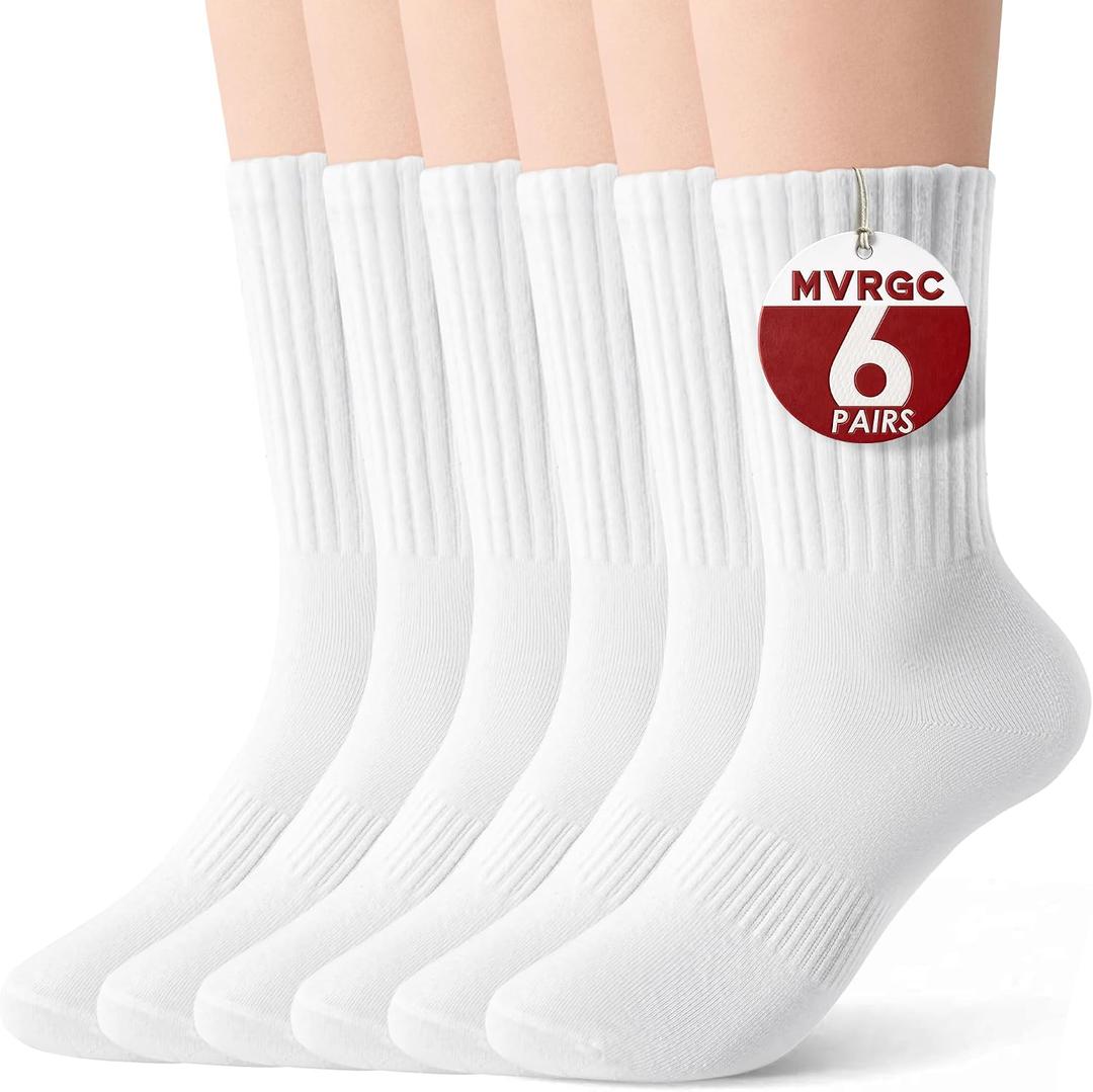Crew Socks for Women & Men, 6 Pair Cute Cotton Casual Calf Socks Breathable Soft Above Ankle Socks, Size 5-10 (White)