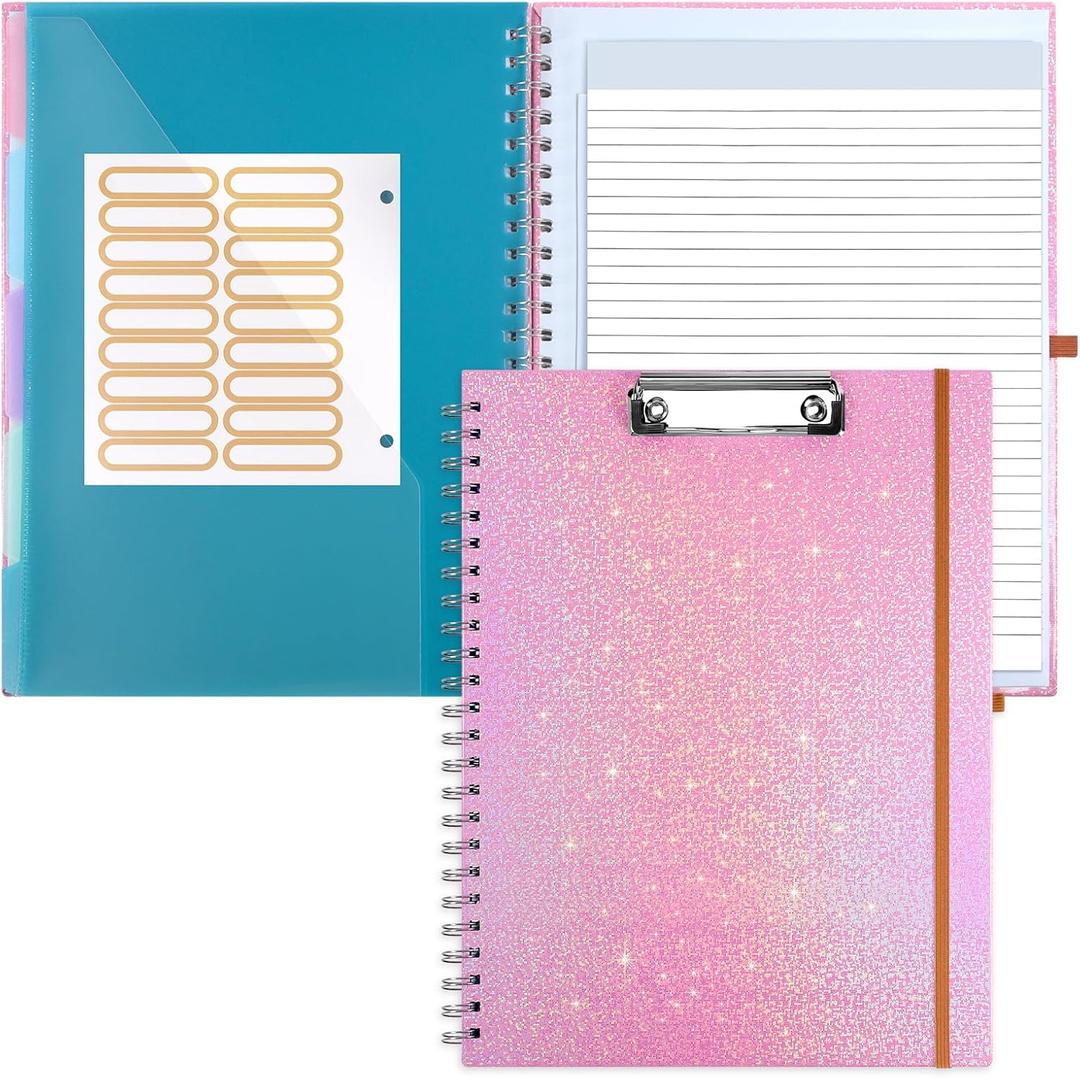 Glitter Clipboard Notebook with Storage for Letter Size, 8.5 x 11 Notepad Holder with 5 Folders and Dividers, Size 12.8X 9.7 in, Spiral Portfolio for Nursing Teacher School Supplies,Pink