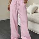 Summer Women's Casual Pants Loose Fit Beach Pants High Waist Drawstring Wide Leg Trousers Pockets Pink, L