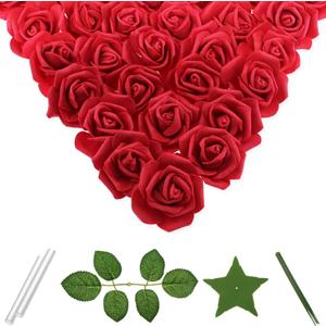 100 Pcs 3 Inch Artificial Flowers Bulk 5 in 1 Set Faux Foam Fake Rose Head Wedding Decoration Bridal Shower Centerpiece Arrangement Wall Table Decor DIY Craft (Rose Cherry Red)