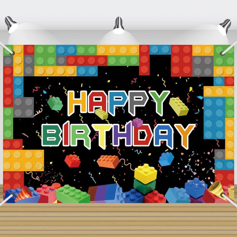 7x5ft Building Block Birthday Backdrop, Happy Birthday Decoration Background, Cute Brick Theme Party Supplies Outdoor Indoor Photo Banner