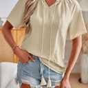 Womens Boho Tops V Neck Short Sleeve Lace Trim Blouses Peasant Tassel Tie Front Casual Cute Shirts (Beige, XL)