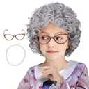 Gray Curly Wig with Granny Glasses and Pearl Necklace Old Lady Costume for Halloween Party