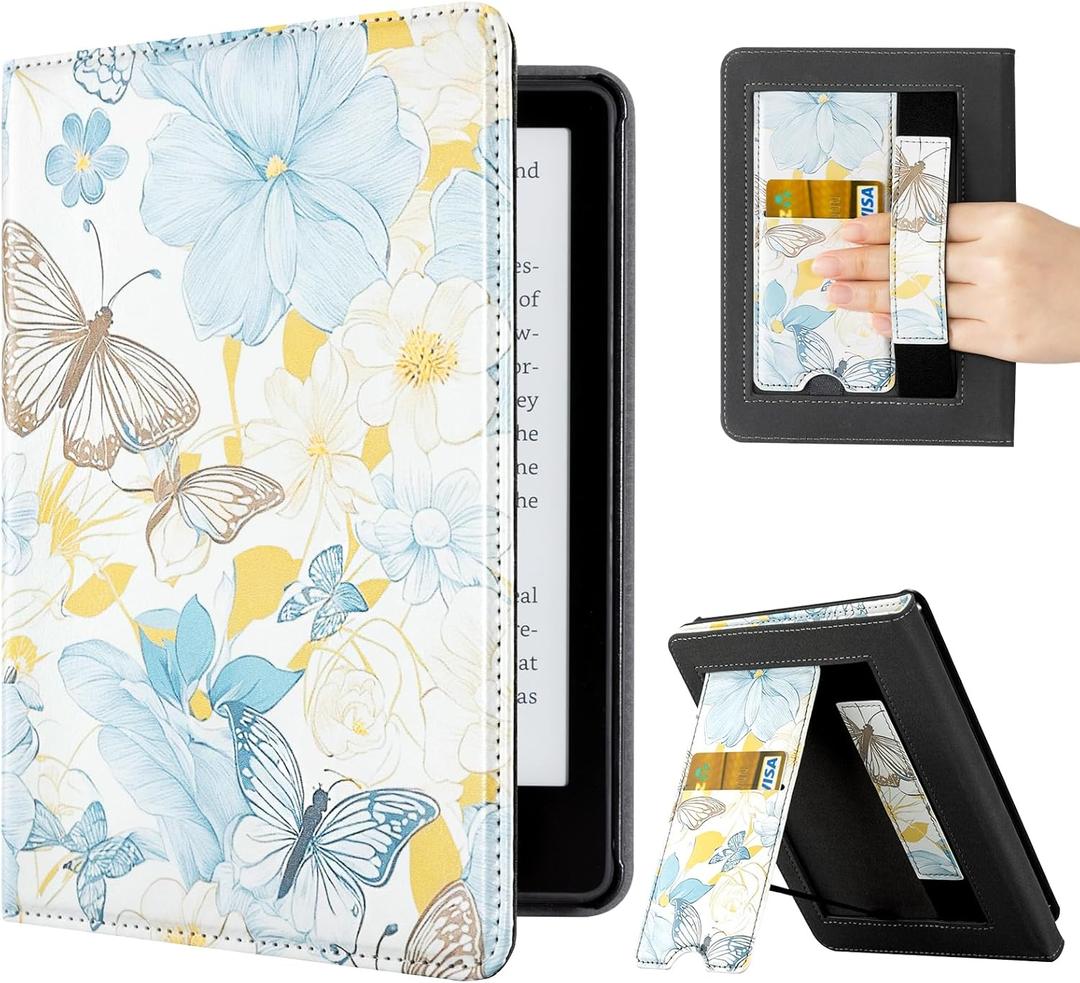 CoBak Case for Kindle - Leather Cover with Auto Sleep Wake, Hand Strap, Card Slot for Kindle Signature Edition and 11th Gen 2021 Paperwhite (Butterfly)