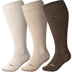 Cotton Plus Size Compression Socks for Women&Men Wide Calf 15-20 mmHg Knee High Soft Sock for Nurses, Pregnancy (X-Large, 3 Pairs-brown&beige&coffe)