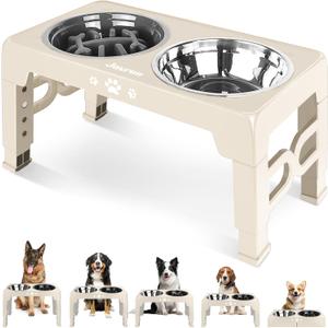 Jovrun Elevated Dog Bowls for Medium Large Size Dogs, Non-Slip Dog Feeder with 1*Stainless Steel Dishes & 1*Slow Feeder Bowl, 5 Heights Adjustable Raised Bowls to 3.15-8.66-9.84-11.02-12.2 (Beige)