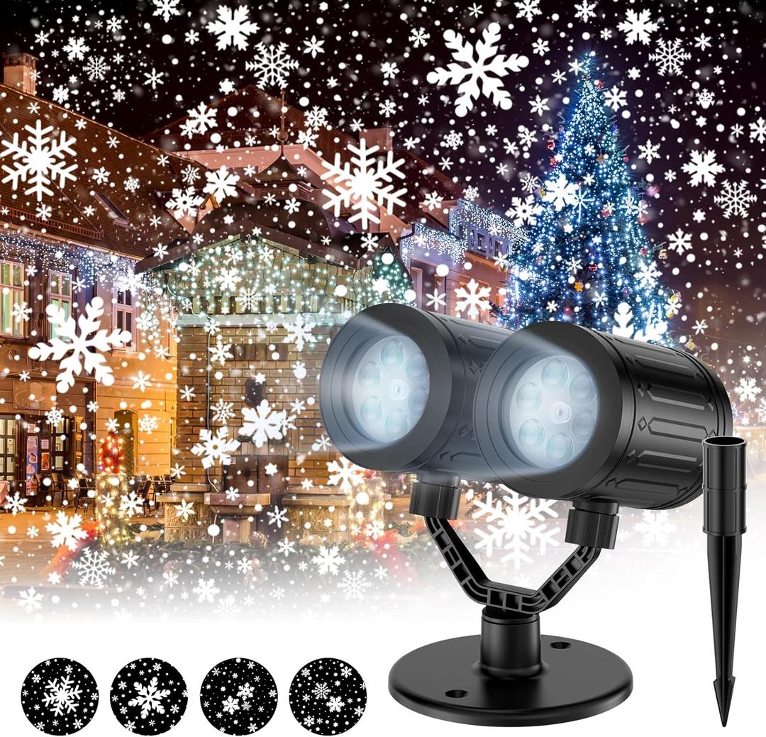 Christmas Snowflake Projector Lights Outdoor,Timer Setting Double Head Snowfall Led Lights Waterproof,Landscape Decorative Lighting Projection Lamp for Xmas Holiday Wedding Indoor Garden Patio