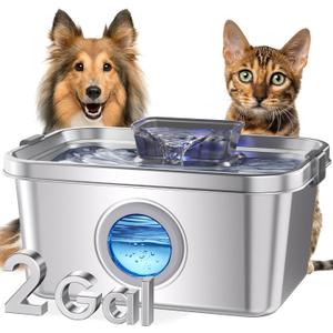 PETIMI Dog Water Fountain, 2 Gallon 304 Stainless Steel Large Pet Water Fountain for Dogs & Cats, Ultra Quiet Indoor Pet Fountain, Safety Lock, 3 Replacement Filters Included, Smart Pump Protection