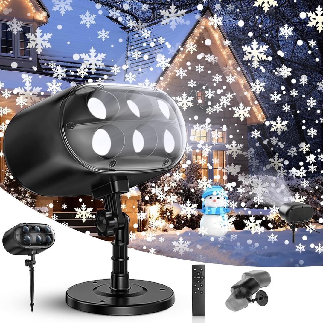 Christmas Projector Lights Outdoor, Snowflake Projector Lights, Adjustable Dynamic Snow Light Show with Remote Control, 270 Rotating Outdoor Snow Falling Projector Lamp