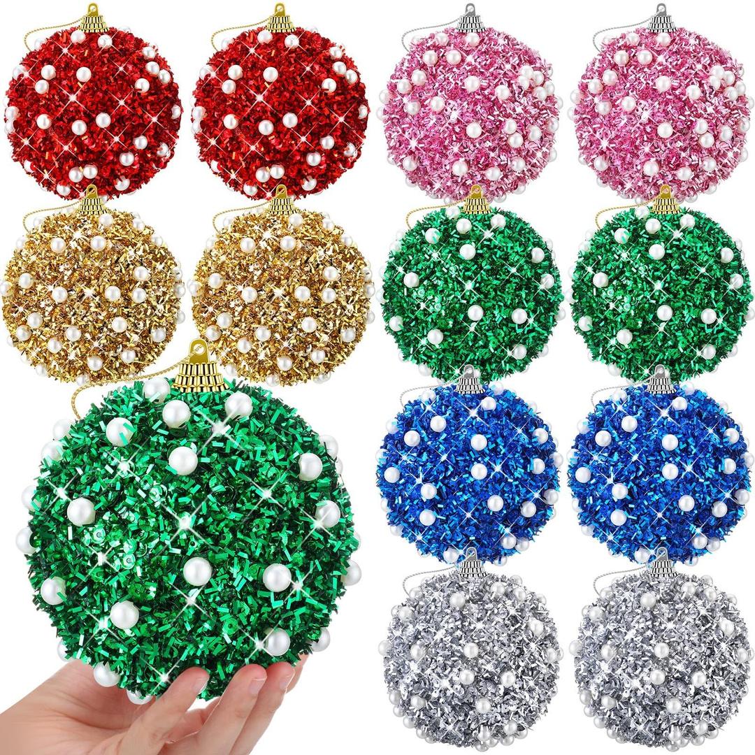 Riceshoot 12 Pcs 6 Inch Large Christmas Balls Ornaments for Tree with Peal Sparkle Sequin Big Glitter Christmas Tree Decor Xmas Shatterproof Hanging Balls for Xmas Holiday Party Supplies(Colorful)