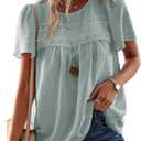 Womens Summer Tops Crewneck Short Sleeve Shirts Casual Chiffon Blouses Flowy Lace Hem Boho Clothing Trendy 2025 (Large, Gray-green)